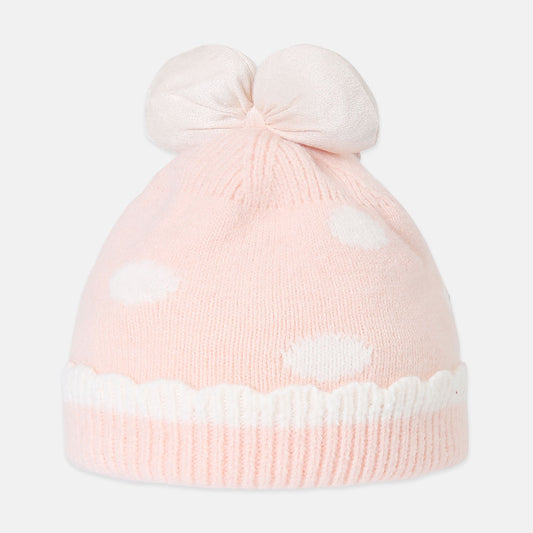 GIRL WINTER CAP PEACH POLKA DOT BOW