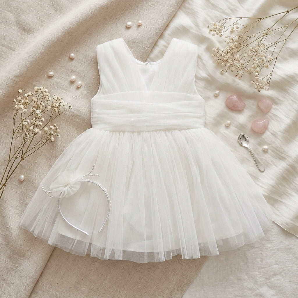 BABY WHITE TULLE PARTY DRESS WITH HEADBAND