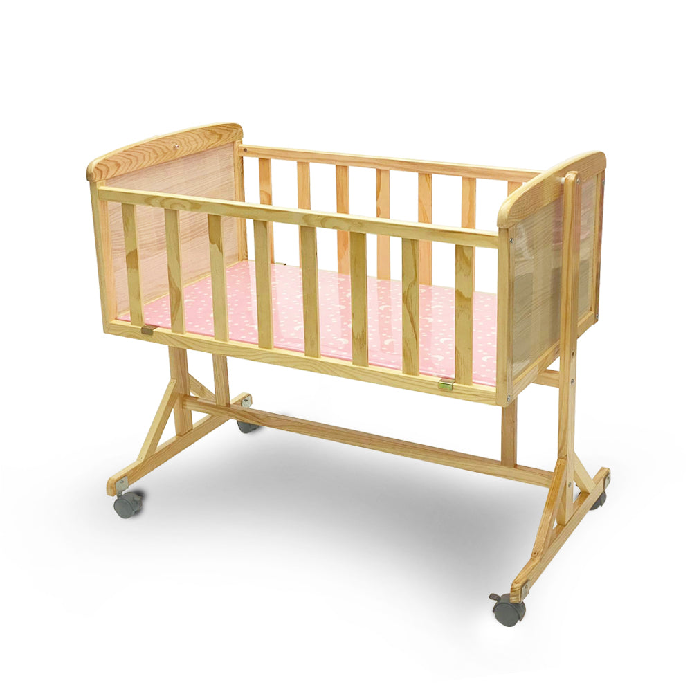WOODEN CRIB W/PINK MATTRESS