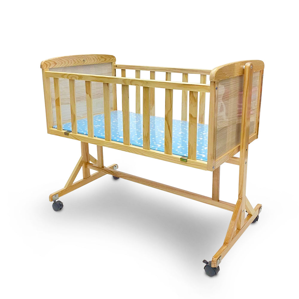 WOODEN CRIB W/BLUE MATTRESS