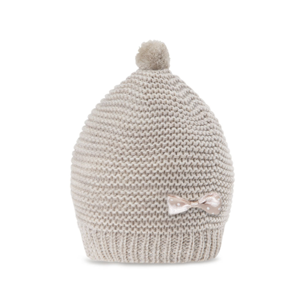 BABY WOOLEN CAP BEIGE KNITTED POLKA DOT BOW