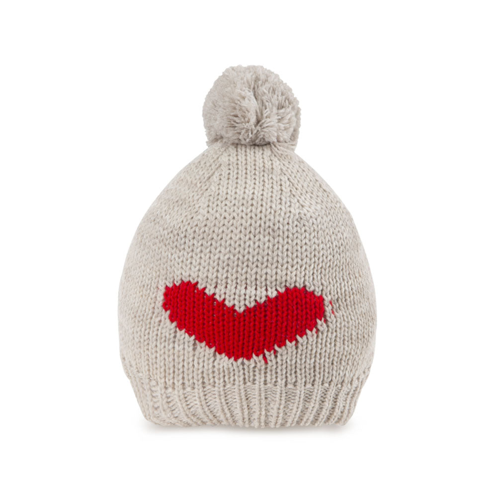 BABY WOOLEN CAP BEIGE KNITTED POM POM HEART