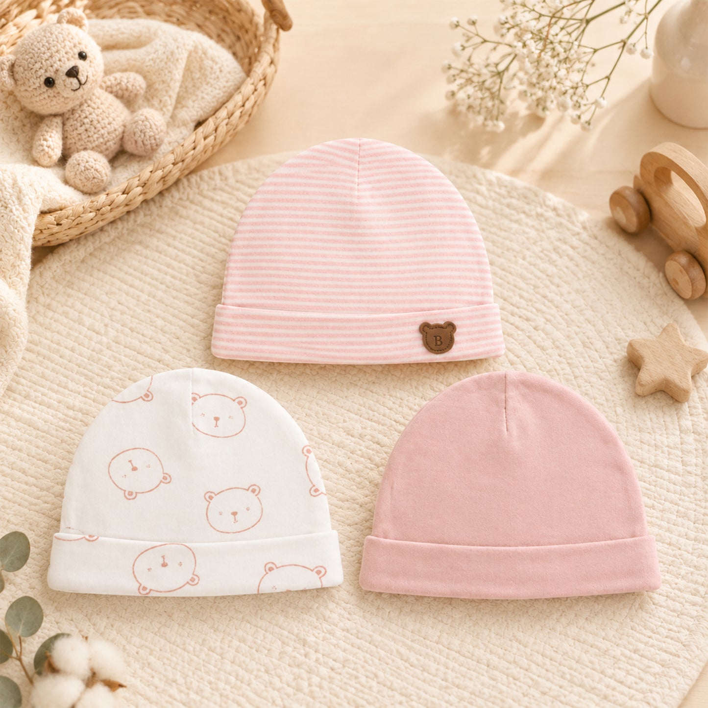 TEDDY BEAR INFANT BABY CAPS PK-3