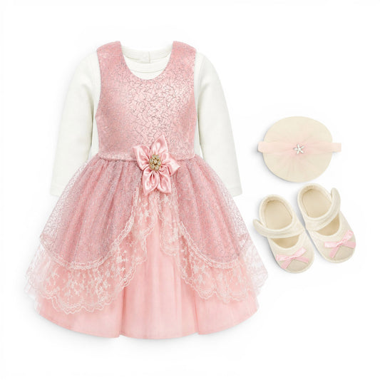 PINK LACE FLOWER BABY GIRL FANCY FROCK GIFT SET
