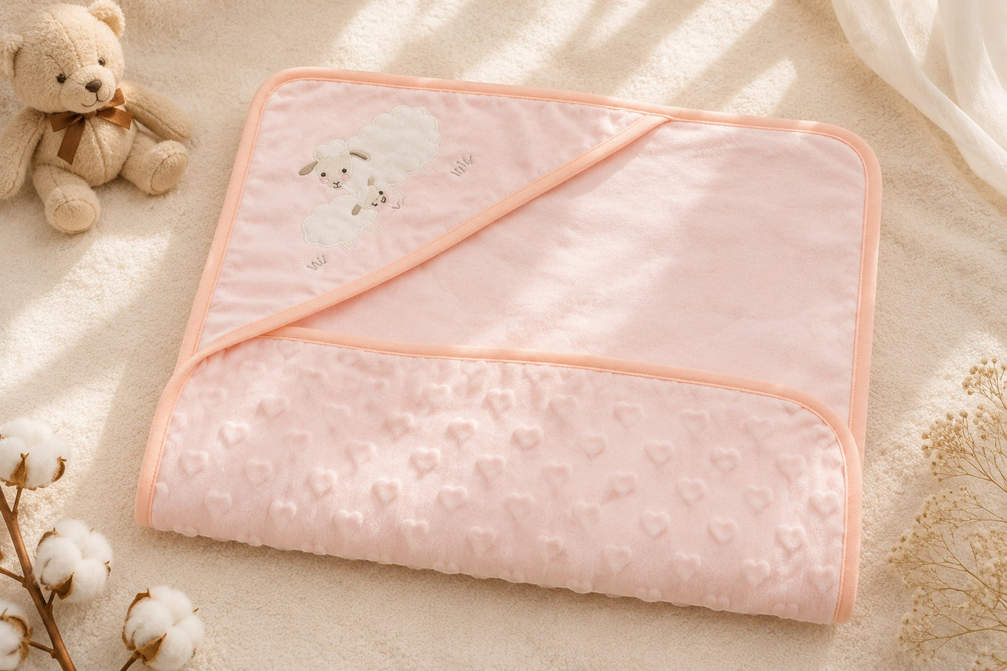 DUSTY PINK HEART EMBOSSED HOODED BLANKET