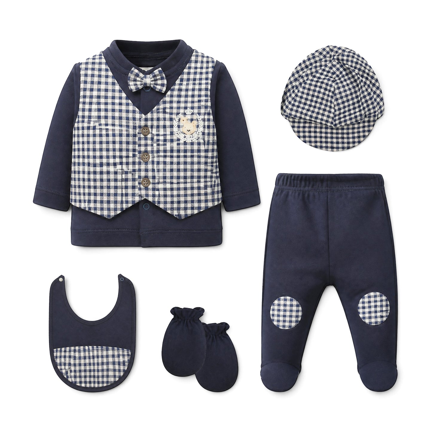 NAVY BLUE AND GINGHAM CHECK VEST BABY BOY GIFT SET