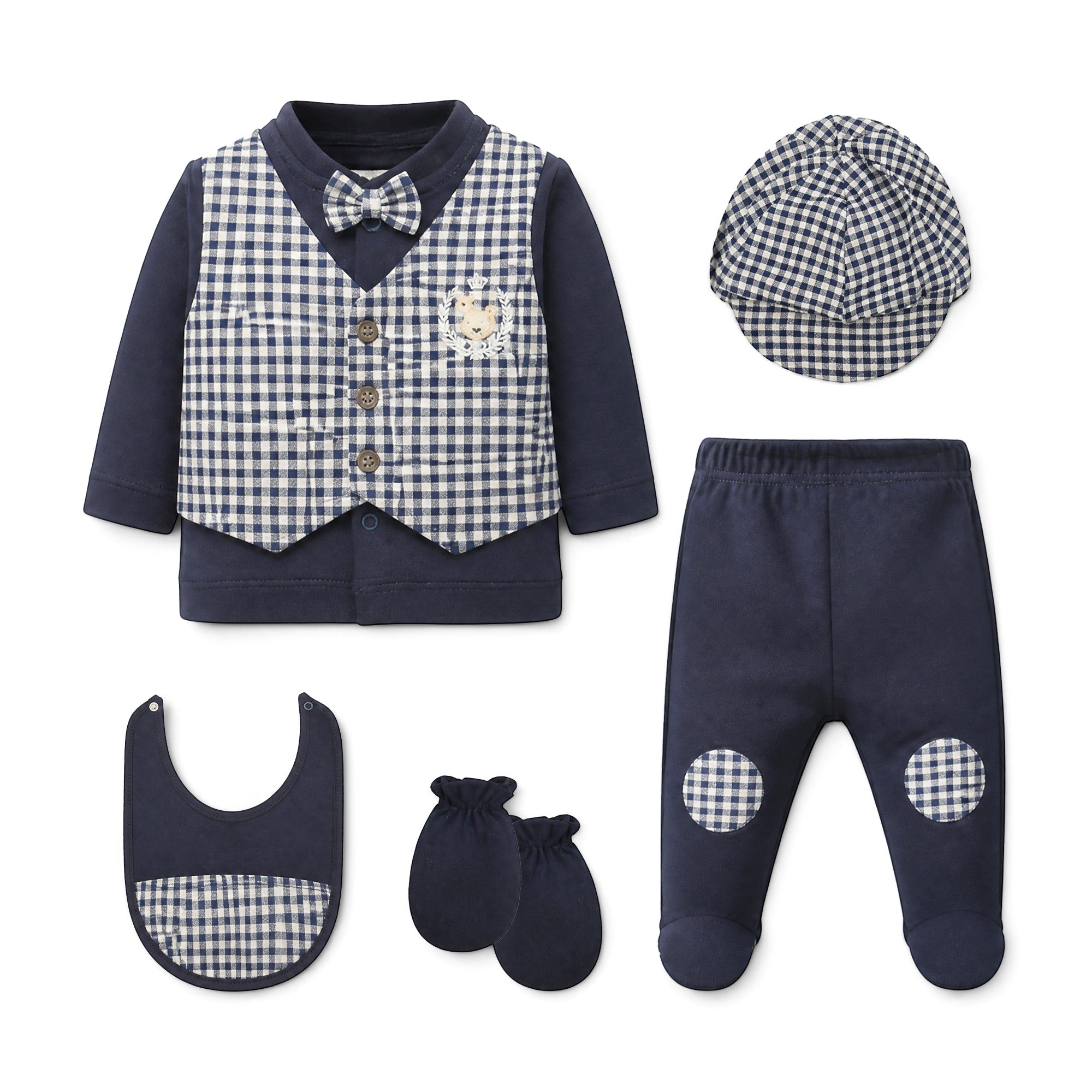 NAVY BLUE AND GINGHAM CHECK VEST BABY BOY GIFT SET