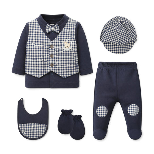 NAVY BLUE AND GINGHAM CHECK VEST BABY BOY GIFT SET