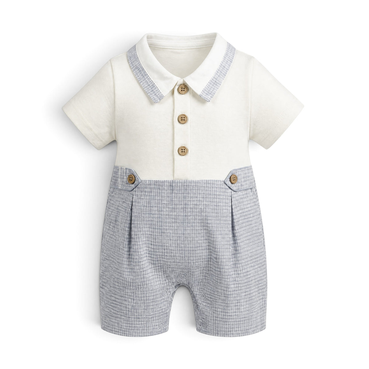 WHITE & BLUISH GREY CHECKED COLLARED ROMPER
