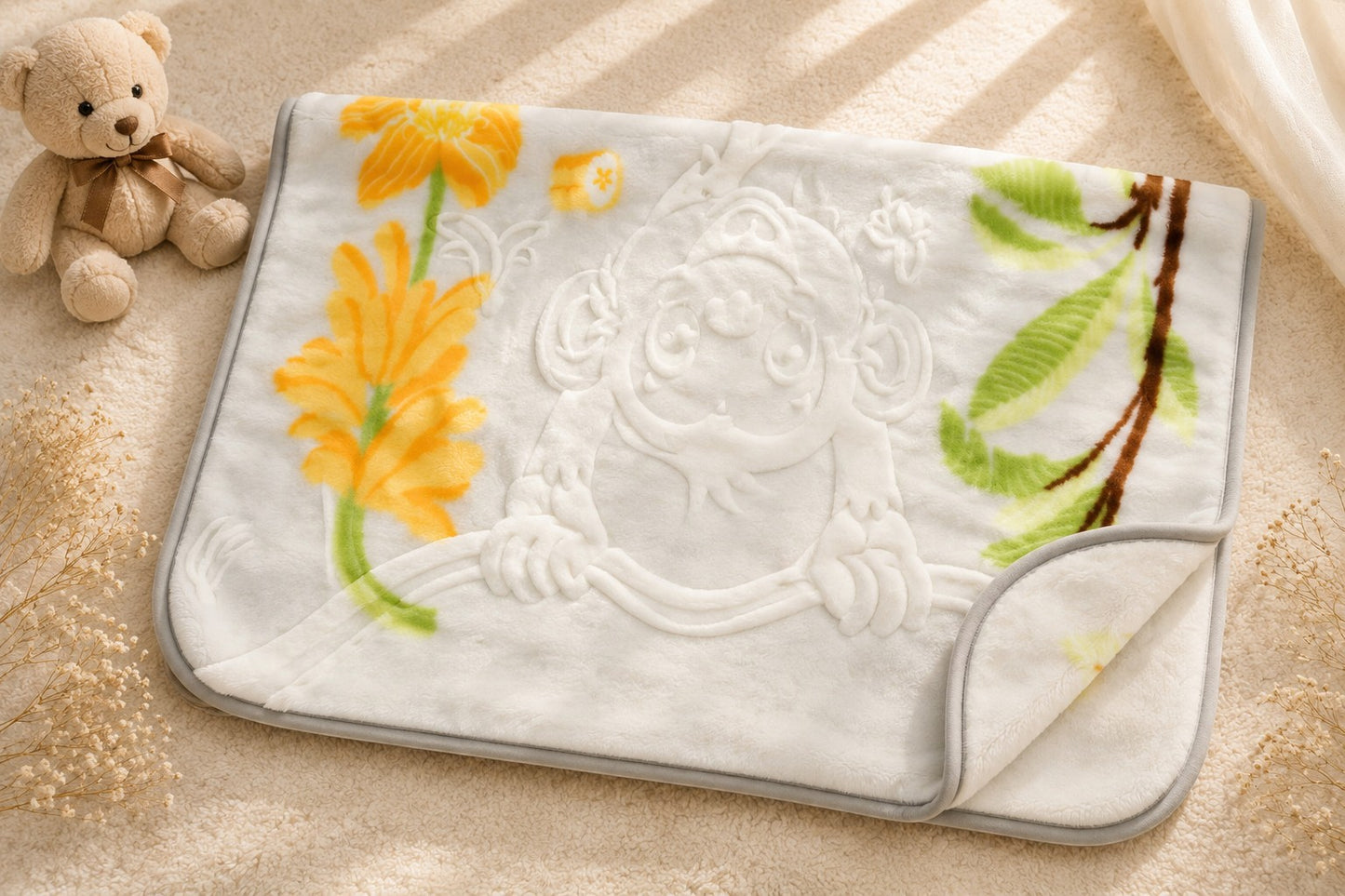 LIGHT GREY & YELLOW MONKEY EMBOSSED BLANKET